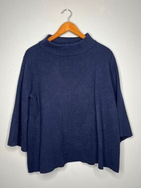 Rielle Navy Blue Mock Neck 3/4 Wide Sleeve Boxy Oversized Knit Sweater